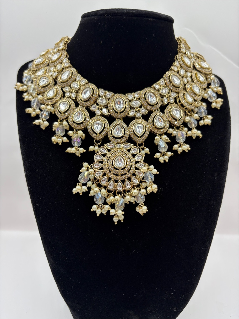 Gold and Clear Kundan Statement Choker Necklace Set - Elegant Bridal Jewelry